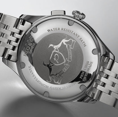 Stainless steel chronograph watch caseback with seven-link bracelet
