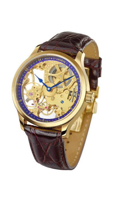 purple vintage mechanical skeleton watch Epoca Pilo & Co Genève