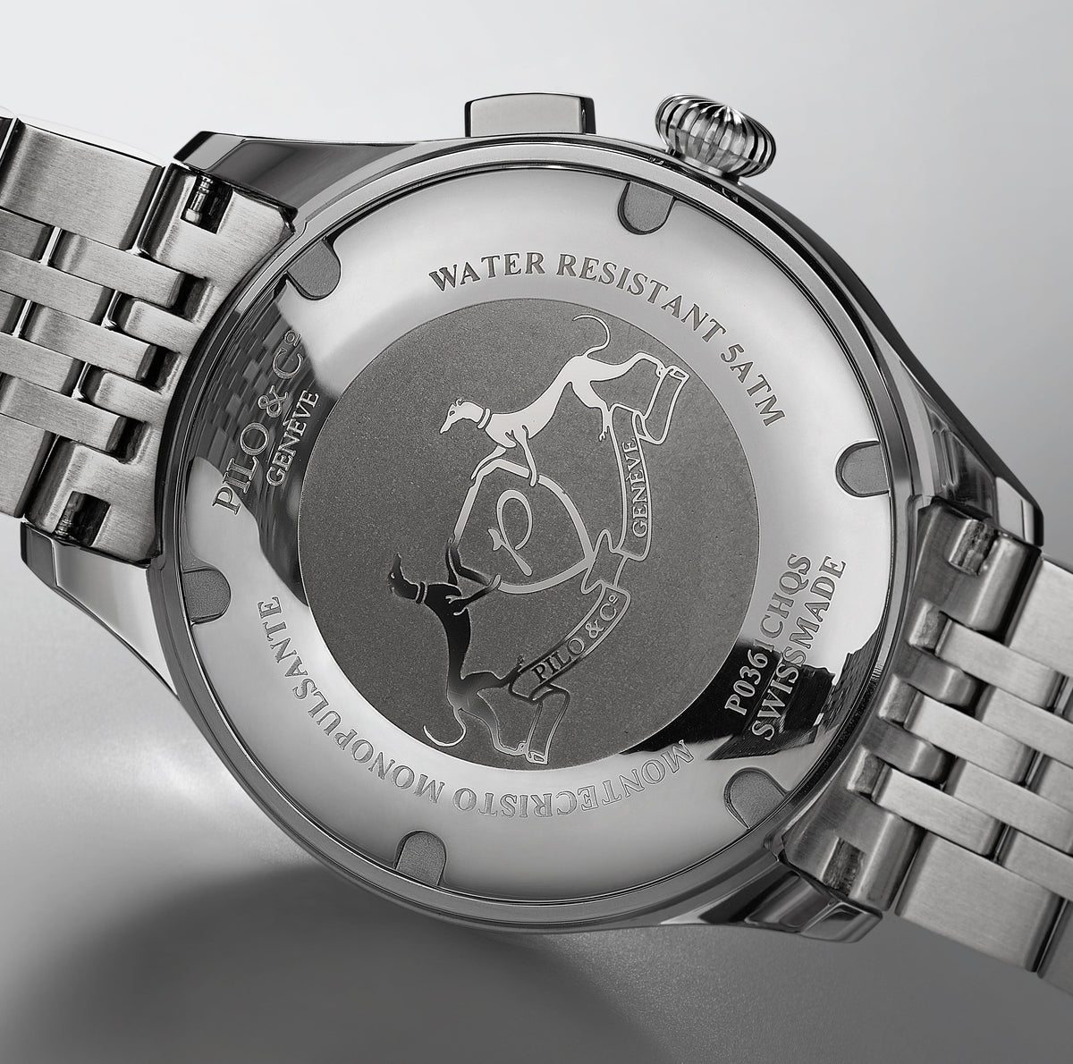 Stainless steel chronograph watch caseback with seven-link bracelet